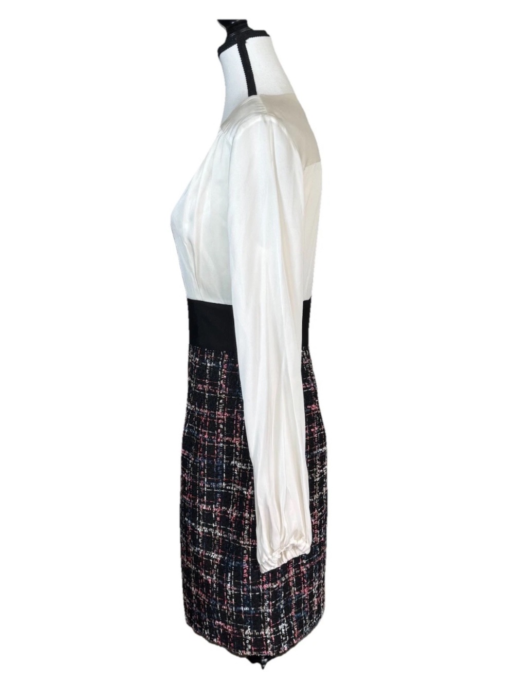 Milly Nicola Pencil Dress Silk Tweed White Black Long Sleeves V Neck Size 6 $395 - Picture 5 of 11